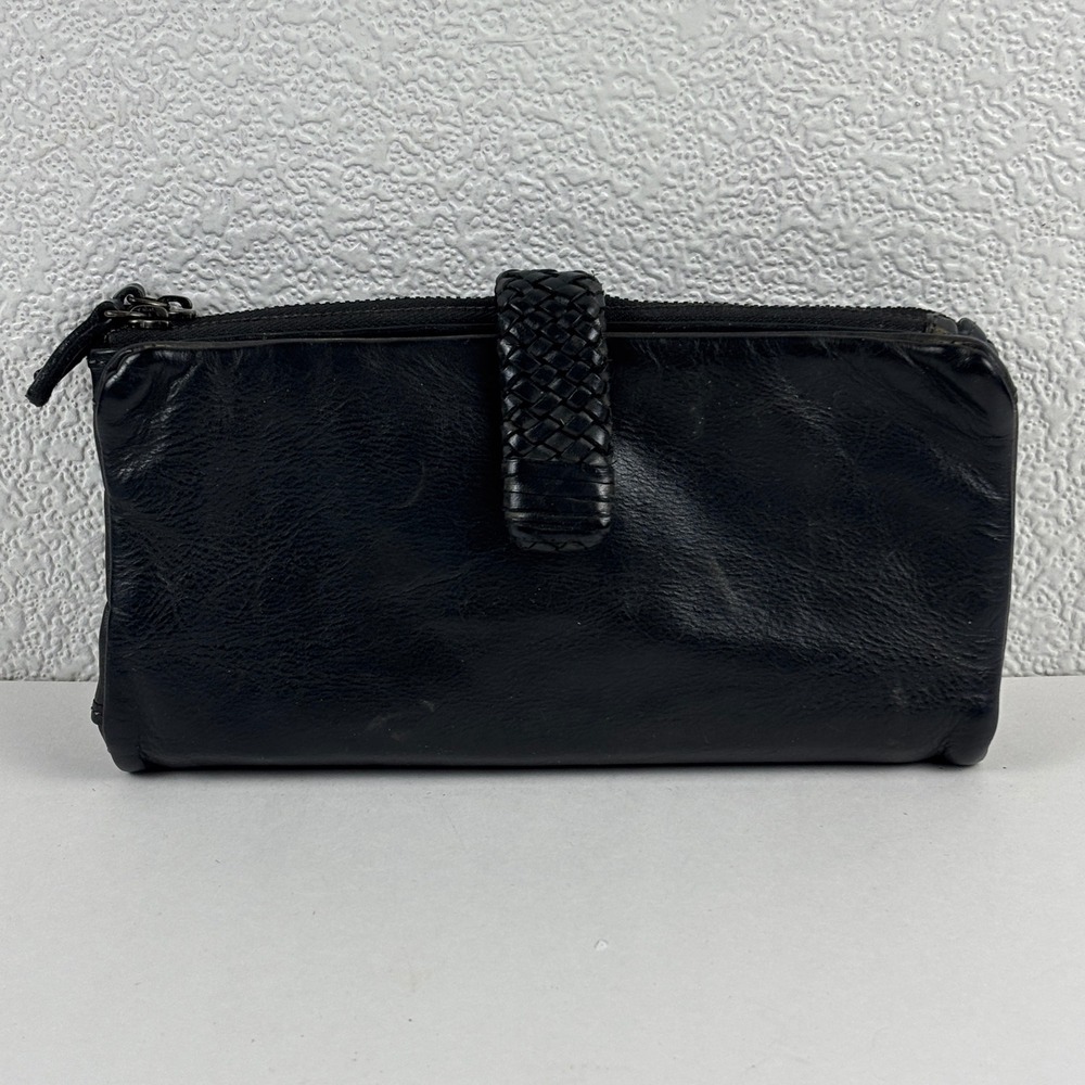 Buttery Soft Leather Trifold Wallet Women OS Black Braided Zip Organizer Classic